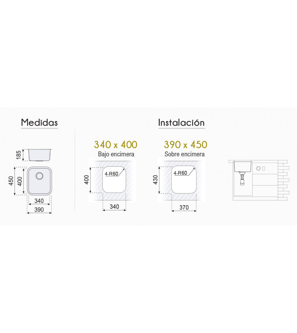 Fregadero Cocina Acero NEGRO Serie Roma 34x40 cm | AndaserStore OFERTA