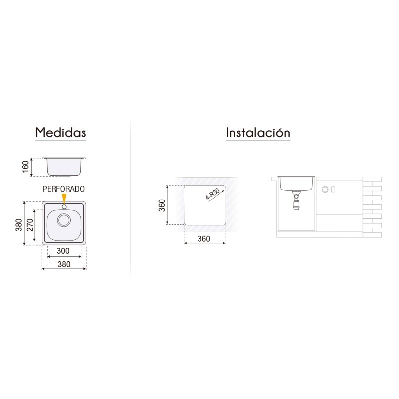 Fregadero Cocina Acero NEGRO Mod. Zurich 38x38 cm | AndaserStore OFERTA